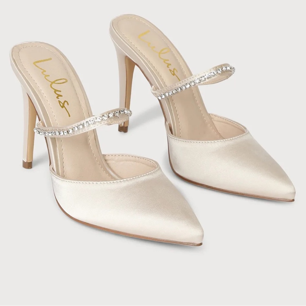 Phyly Ivory Satin Rhinestone Pointed-Toe Mule Pumps